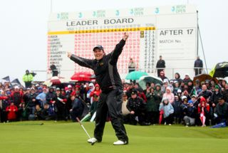 Shane Lowry reacts to holing his winning putt at the 2009 Irish Open