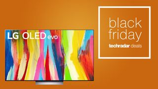 An image of the LG 65-inch C2 OLED TV on an orange background, which features in our best Black Friday 65-inch TV deals guide