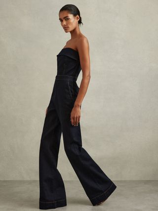 Denim Strapless Wide Leg Jumpsuit in Indigo