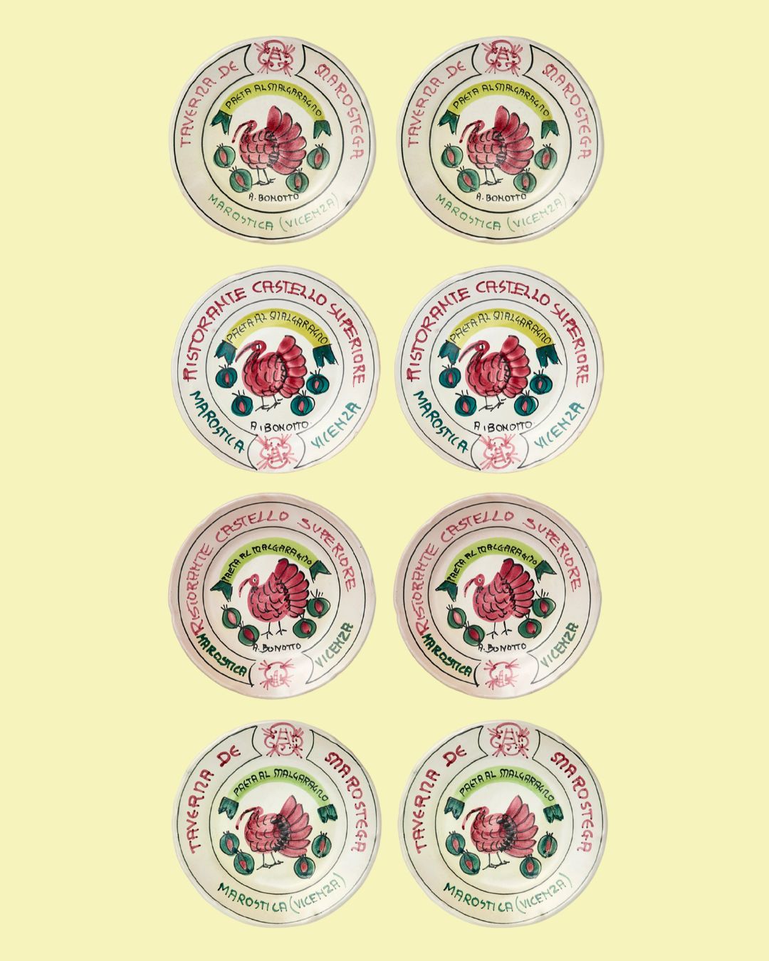 Set of 8 Mid-Century Buon Ricordo Hand-Painted Ceramic Dinner Plates against pale yellow background.
