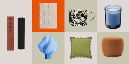 Sensory interiors, products that feel good, candle. light, soft throw, boucle ottoman, apotheke blue candle, arket mug, evermore incense