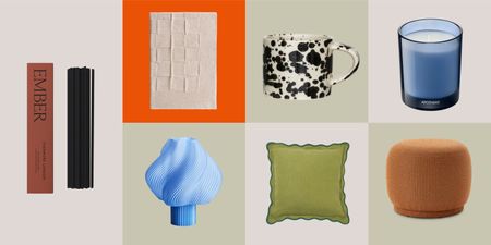 Sensory interiors, products that feel good, candle. light, soft throw, boucle ottoman, apotheke blue candle, arket mug, evermore incense