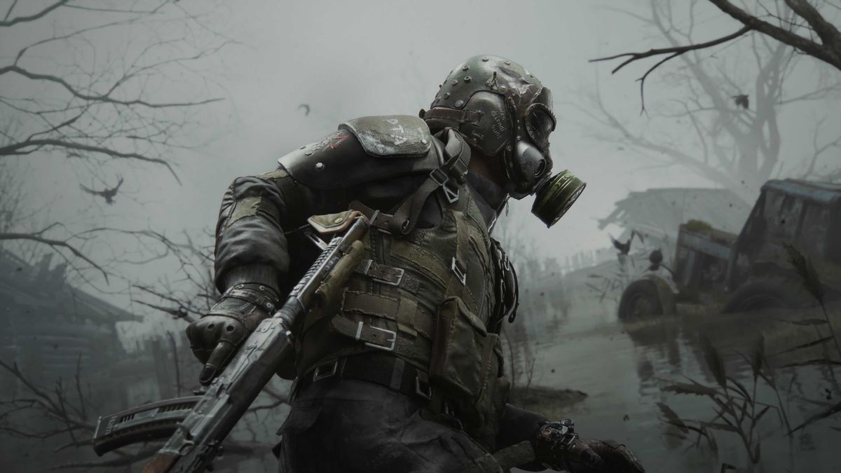 Armed Metro figure with gun and gas mask.