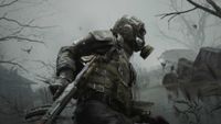 Armed Metro figure with gun and gas mask.