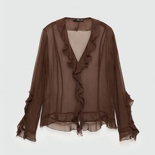 brown Semi-Transparent Ruffled Blouse