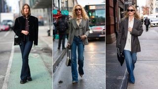 Three women wearing blazers, jackets and bootcut jeans walking along the street