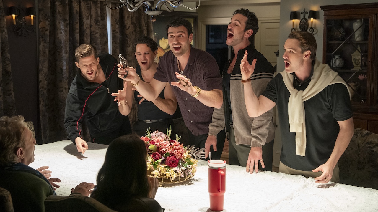 The five Caccimelio borthers singing to Charles, Oliver and Mabel in Only Murders in the Building Season 5