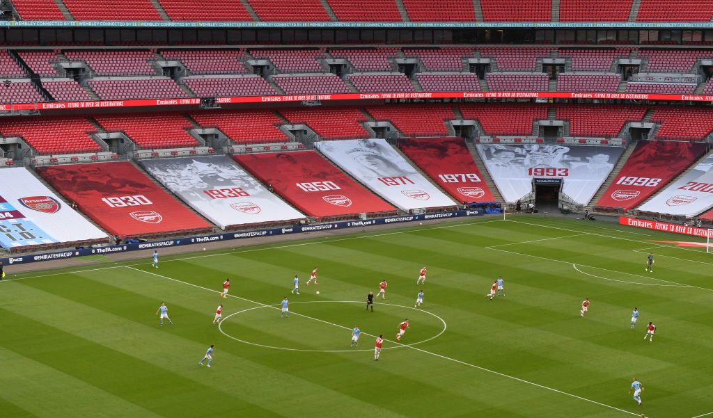 A general view of Wembley stadium during the FA Cup Semi Final match between Arsenal and Manchester City at July 18, 2020 in London, England.