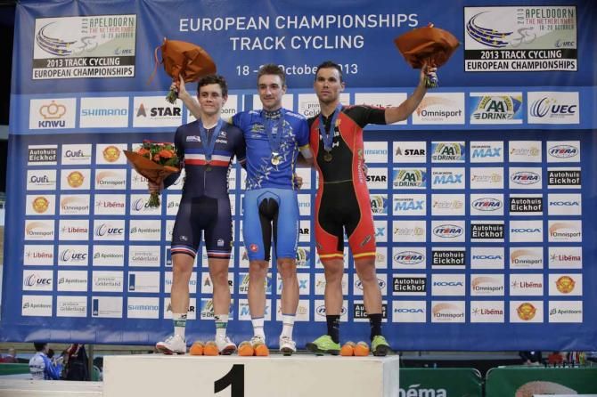 Elia Viviani takes centre spot on the podium after winning the points title