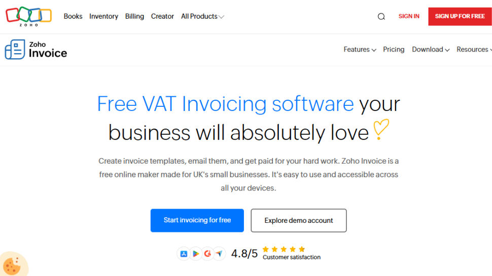 Zoho Invoice website screenshot (May 2025)