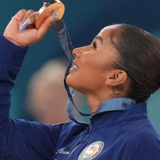 Jordan Chiles of Team Untied States celebrates after being awarded a bronze medal in the Women's Floor Exercise Final at Bercy Arena during the Paris 2024 Olympics on August 5, 2024.