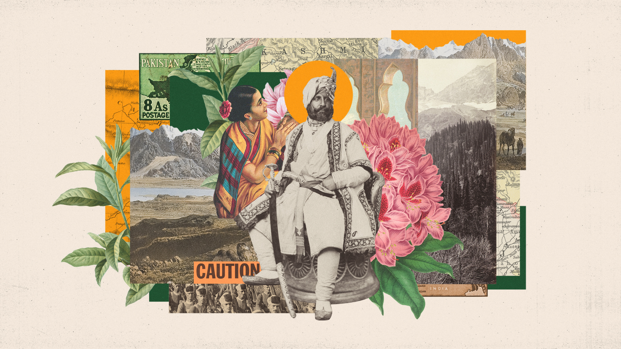 Photo composite illustration of Kashmir mountains, national flower, postage stamp, regional maps and a Maharajah