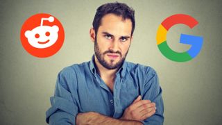 An angry-looking man with the Reddit and Google logos on either side of him.