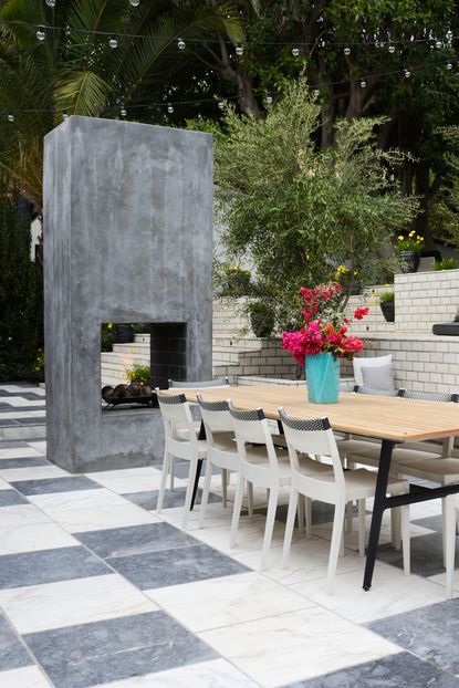 patio ideas with chic outdoor fireplace