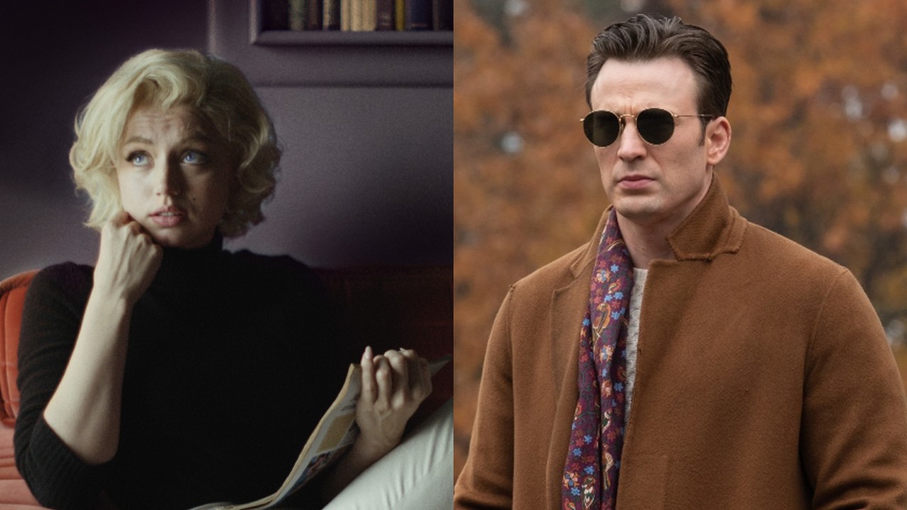 Right: Ana d Armas as Marilyn Monroe resting her head on her hand, wearing a black top Left: Chris evans in an autumnal trench coat wearing sunglasses in Knives Out.