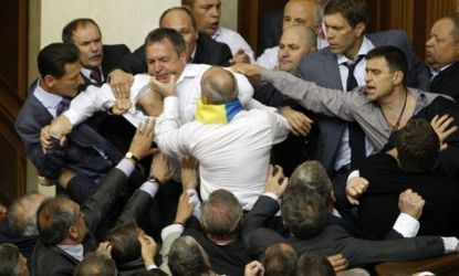 The "Rumble in the Rada": Ukrainian parliament comes to blows in May over a proposed law that would make Russian the second language in parts of Ukraine. 