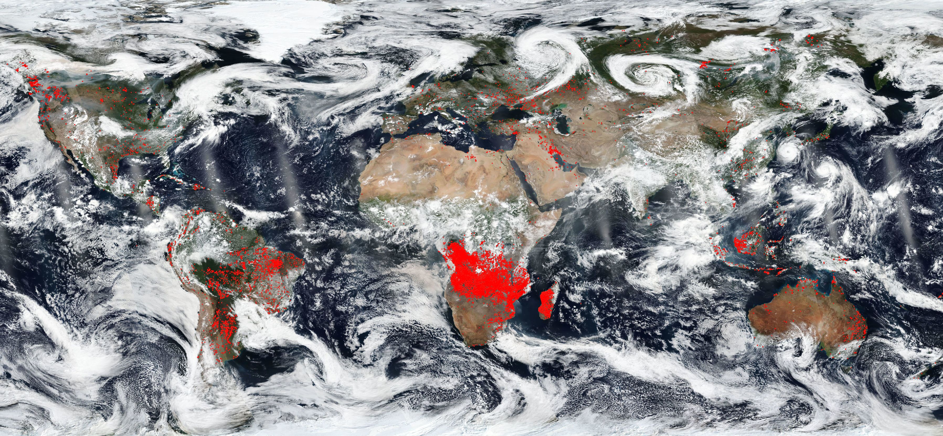 An image of NASA&#039;s Worldview highlights in red regions of the planet where satellite thermal imagers detect actively burning fires.