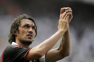 Paolo Maldini applauds the AC Milan fans after his final match at San Siro, a 3-2 defeat against Roma in May 2009.