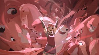 Nimona smiling and holding her arms up as she's surrounded by different pink creatures such as a rhino, gorilla and a shark.