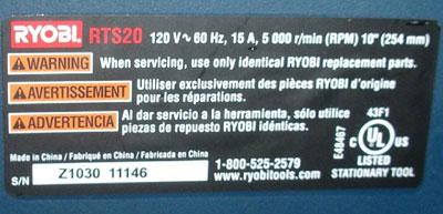 Ryobi table saw label.
