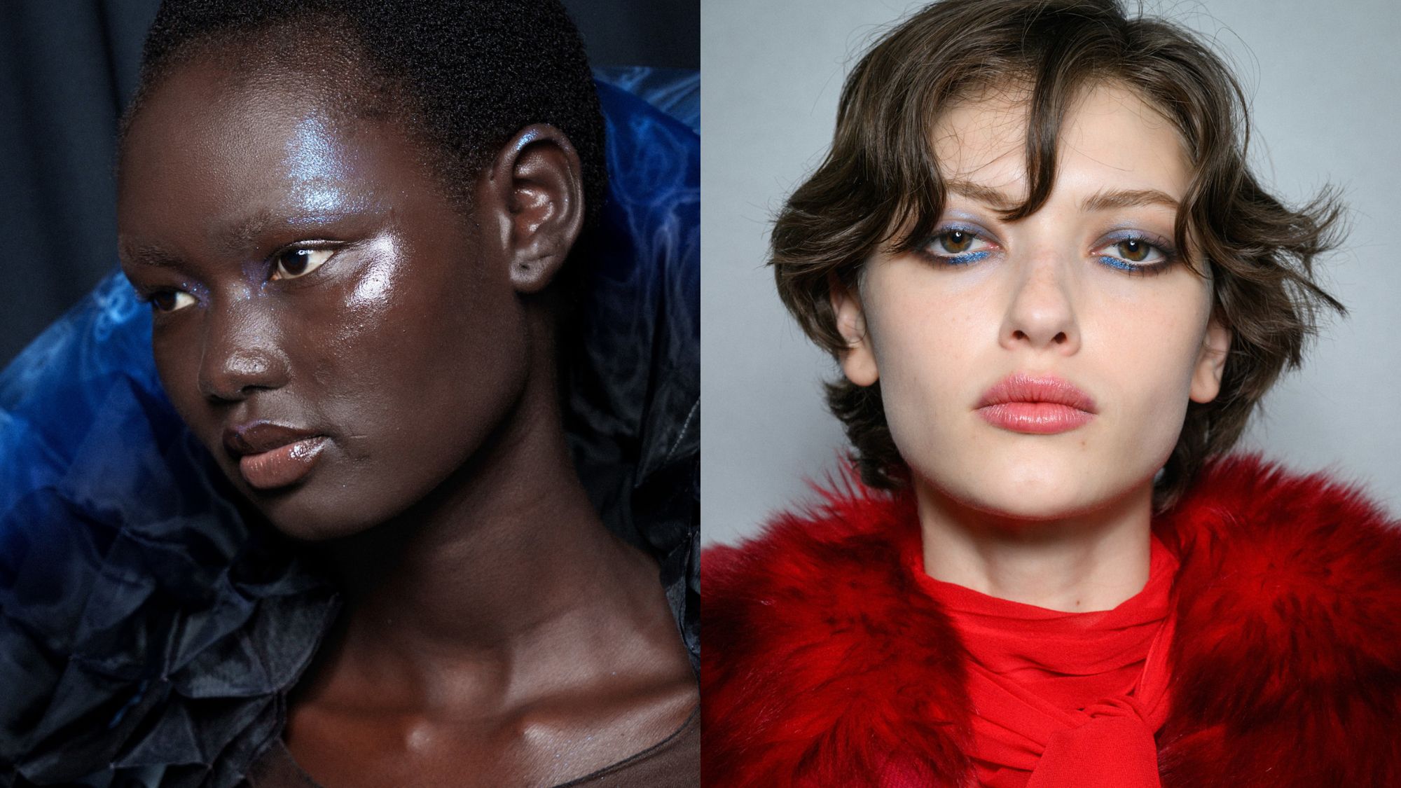 Two people wearing shimmery highlight and eye shadow with blue acccents.