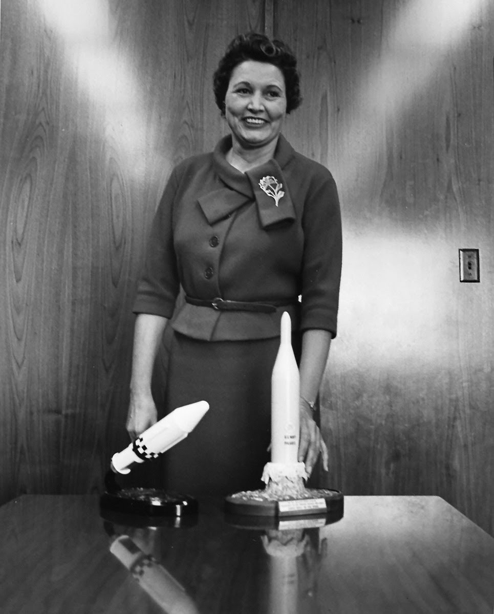 Portrait of Lockheed aerospace engineer Mary Golda Ross, circa 1950, with Agena rocket stage models.