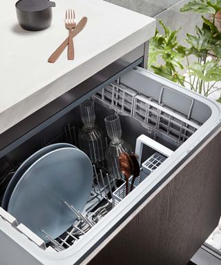 inside a dishwasher with plates and cutlery