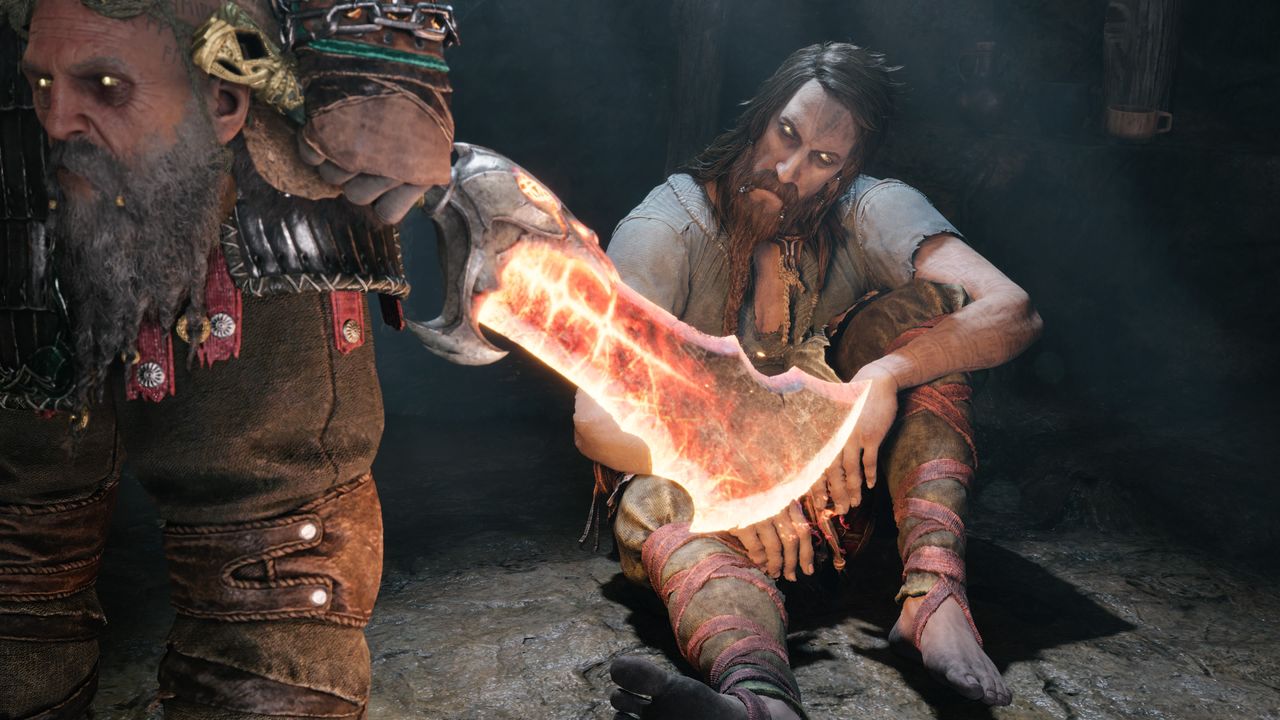 Tyr looking at Blades of Chaos in God of War Ragnarok