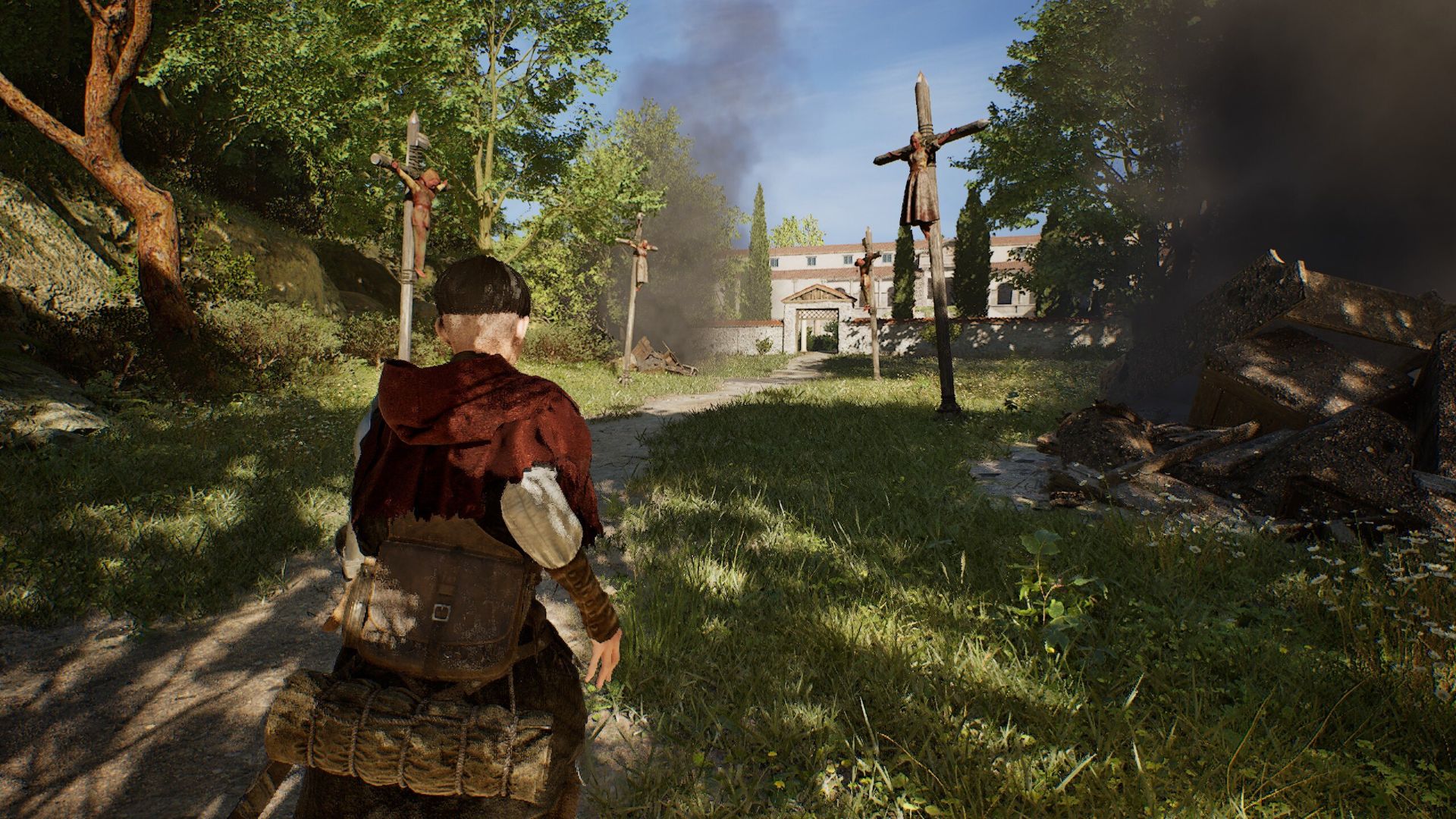 1348 Ex Voto screenshot showing the protagonist walking through a row of crucifixions