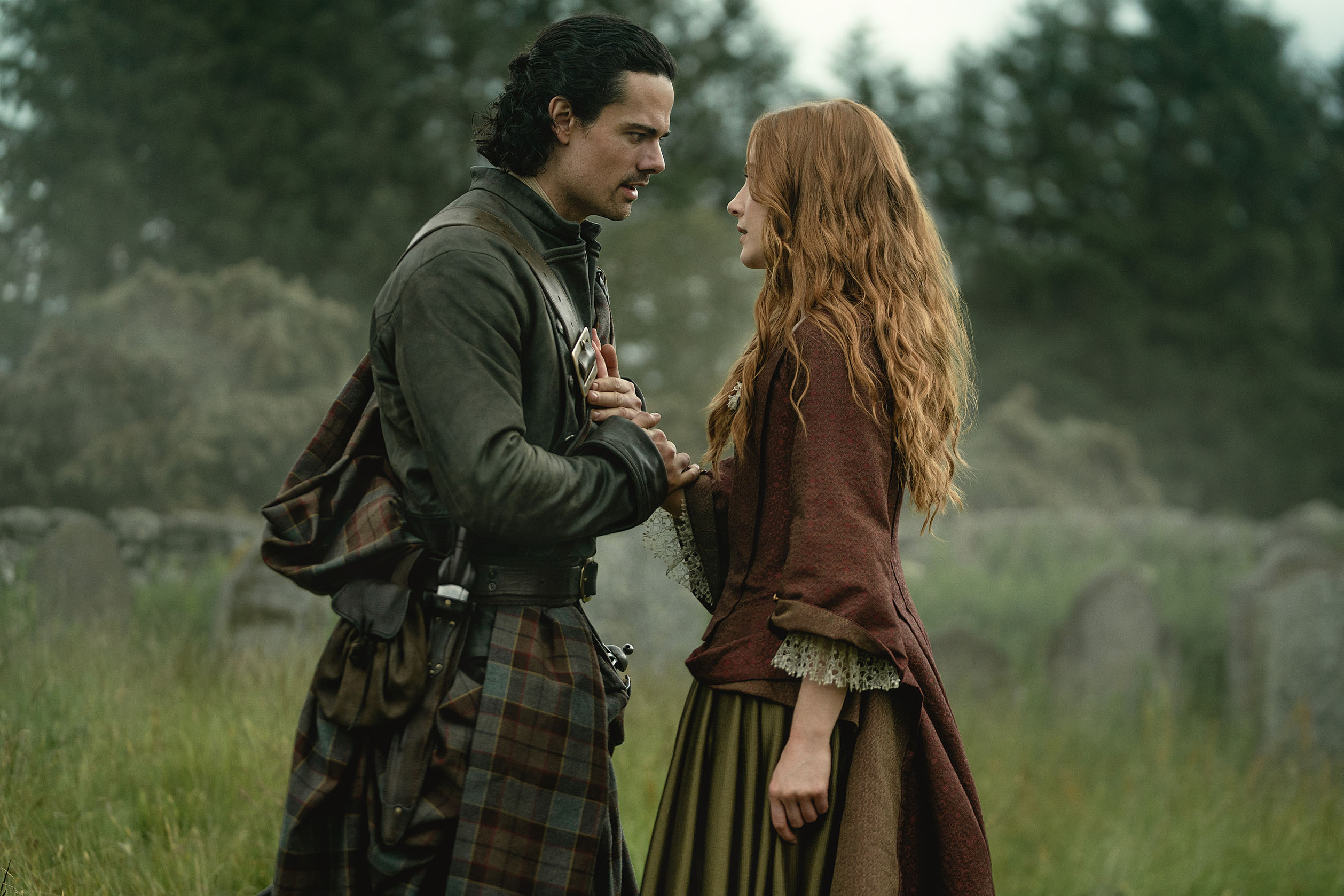 Photo from the Starz show Outlander: Blood of My Blood showing actor Jamie Roy as his character Brian Fraser and Harriet Slater as her character Ellen MacKenzie.