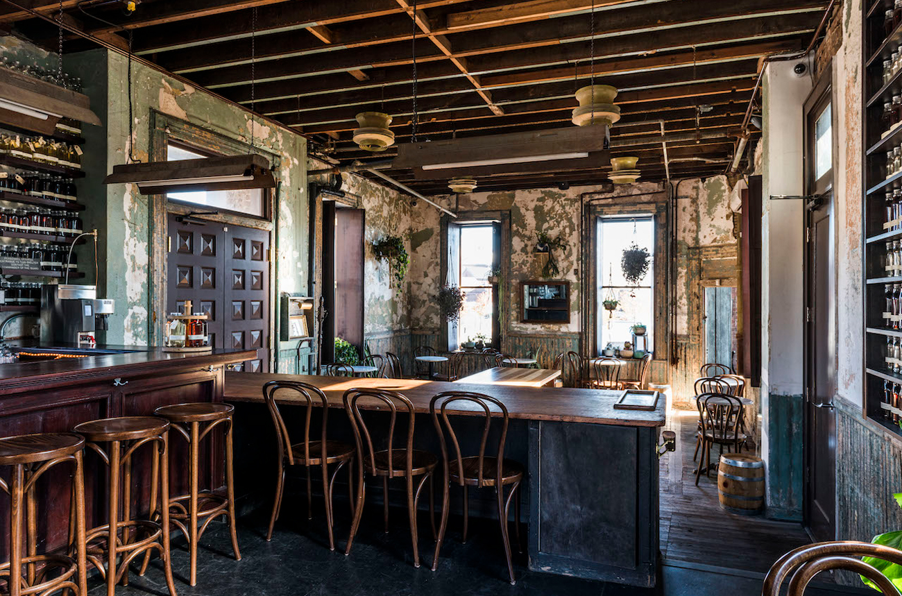 A rustic bar in New York with exposed beams