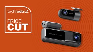 Miofive Dual Dash Cam on orange background alongside Prime Day price cut graphic