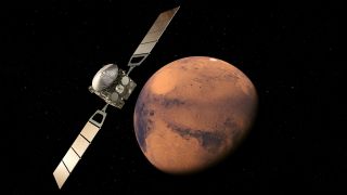 An artist's depiction of the Mars Express spacecraft orbiting Mars.