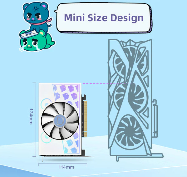 Yeston's cute bear RTX 5060 graphics card, on a blue background
