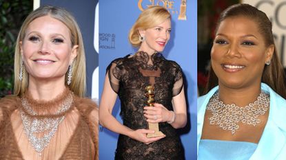 4 celebrities wearing jewellery at the Golden Globes. L-R: Gwyneth Paltrow, Cate Blanchett and Queen Latifah