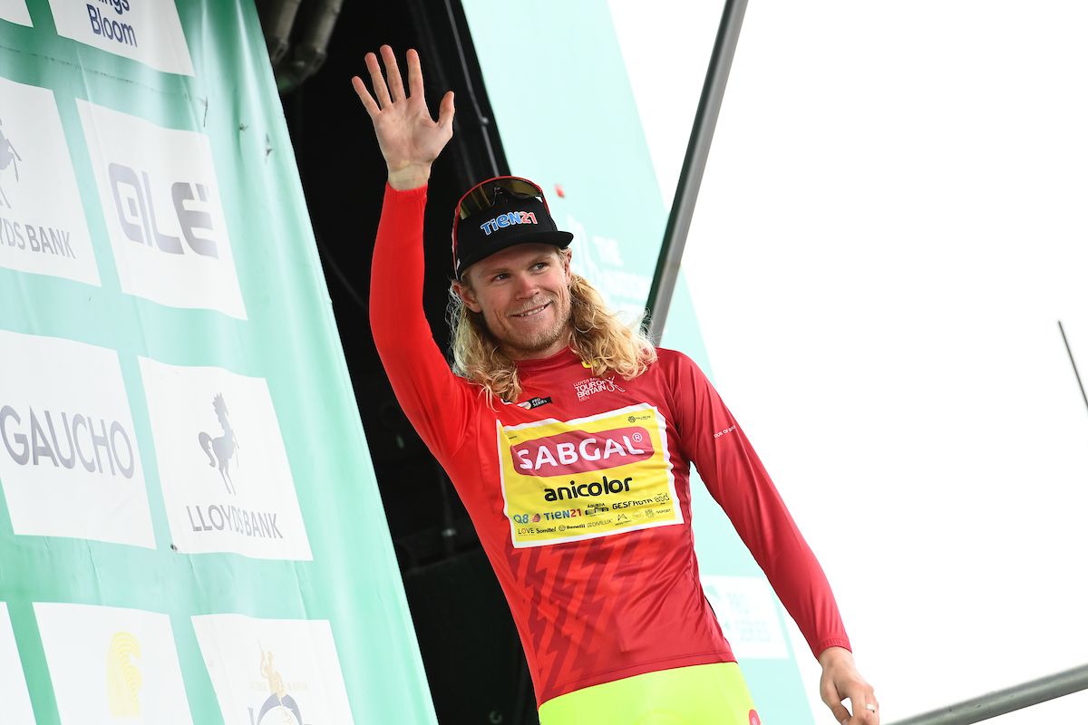 Picture by Simon Wilkinson/SWpix.com - 04/09/2024 - Lloyds Bank Tour of Britain 2024 - Stage 2:&Acirc;&nbsp;Darlington to Redcar, England - Julius Johansen (Sabgal / Anicolor) on the podium leading the Points Classification