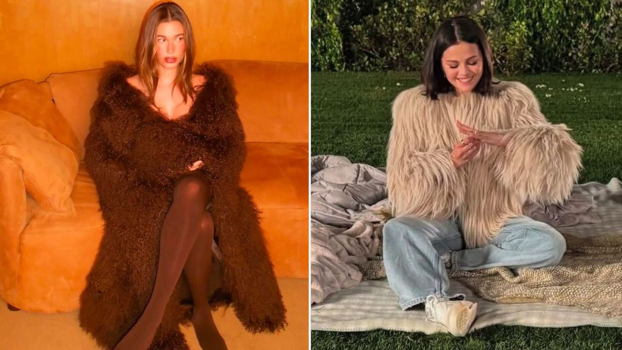 Selena Gomez and Hailey Bieber wearing the yeti coat trend