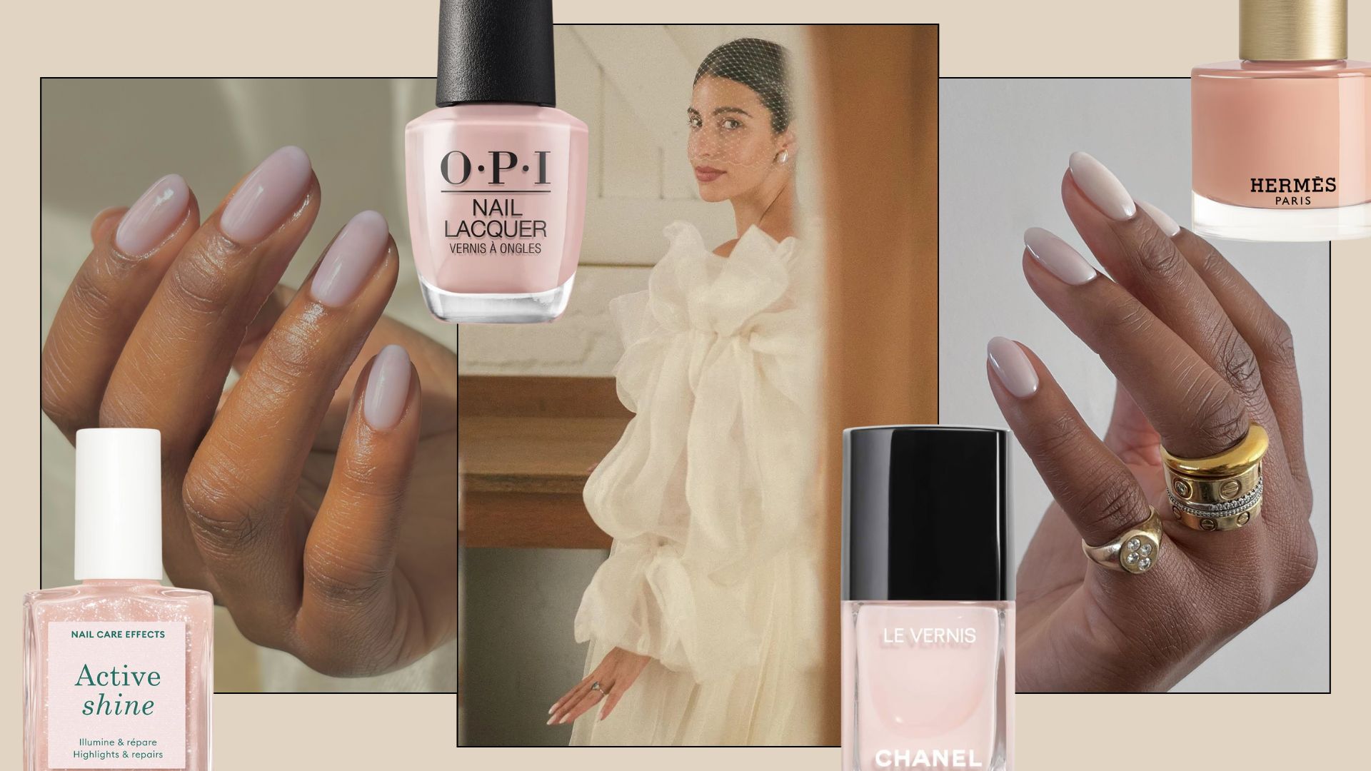 a graphic with images of tulle nail designs and a photo of Bettina Looney in white tulle dress, along with photos of sheer pink nail polishes