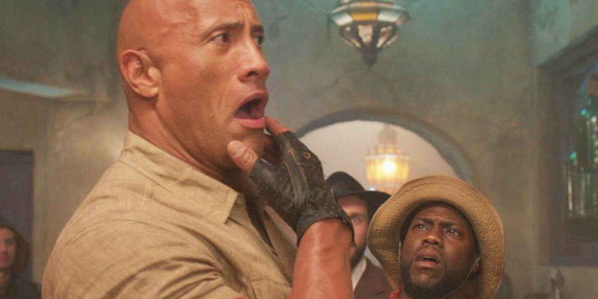 Jumanji: The Next Level Dwayne Johnson and Kevin Hart look surprised