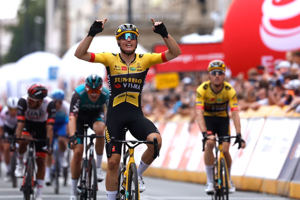 LUBLIN POLAND JULY 30 Olav Kooij of Netherlands and Team Jumbo Visma celebrates winning during the 79th Tour de Pologne 2022 Stage 1 a 2188km stage from Kielce to Lublin TdP22 WorldTour on July 30 2022 in Lublin Poland Photo by Bas CzerwinskiGetty Images