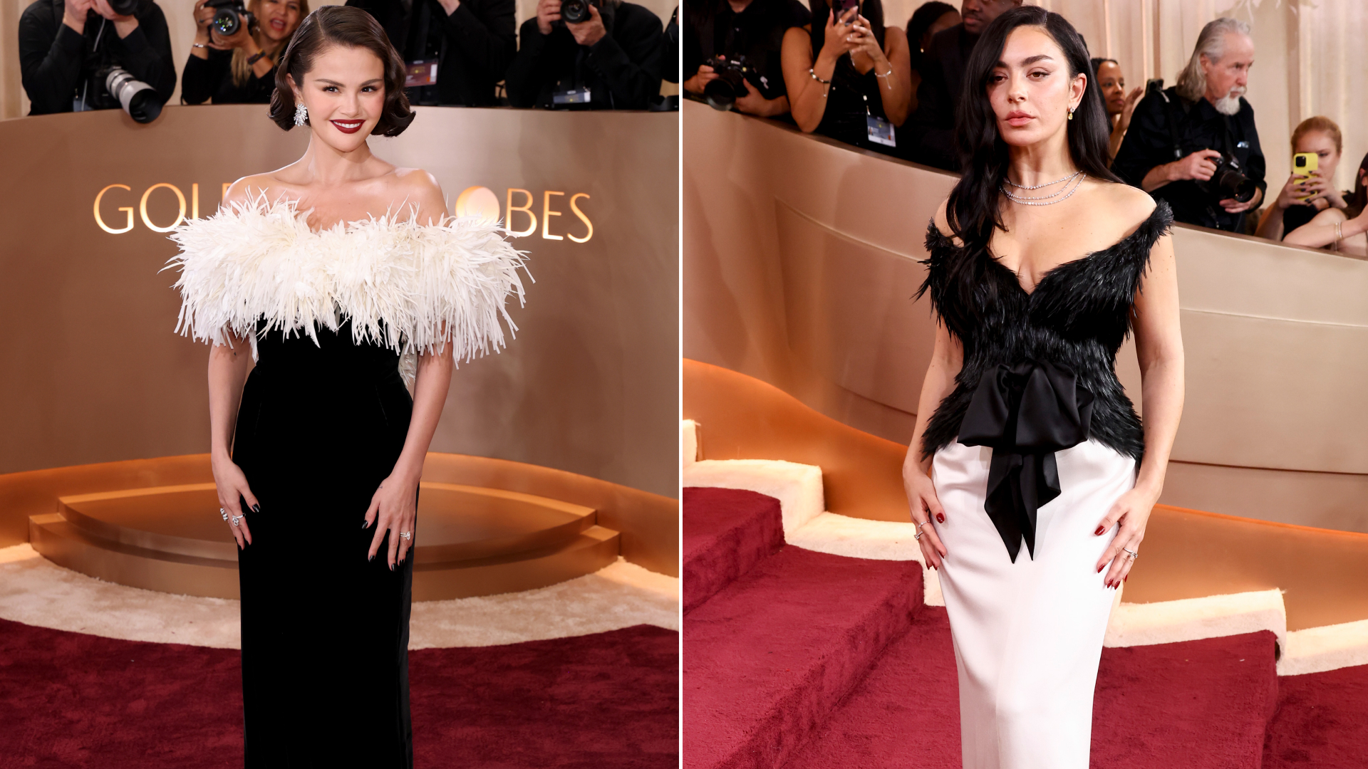 Celebrities attended the 2026 Golden Globes in the black-and-white dress red carpet trend