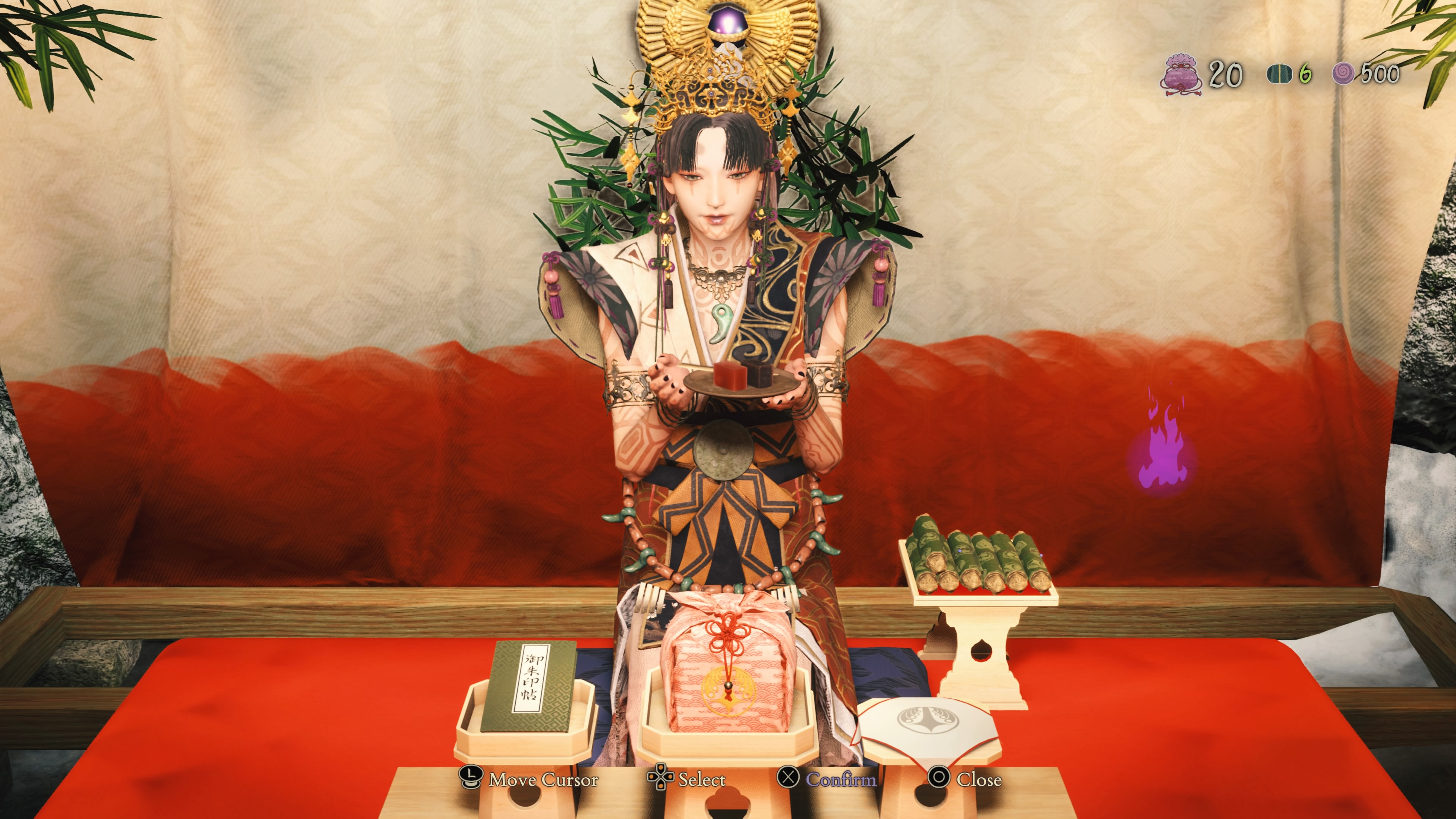A screenshot showing Yoshiro accepting an offering in her tent.