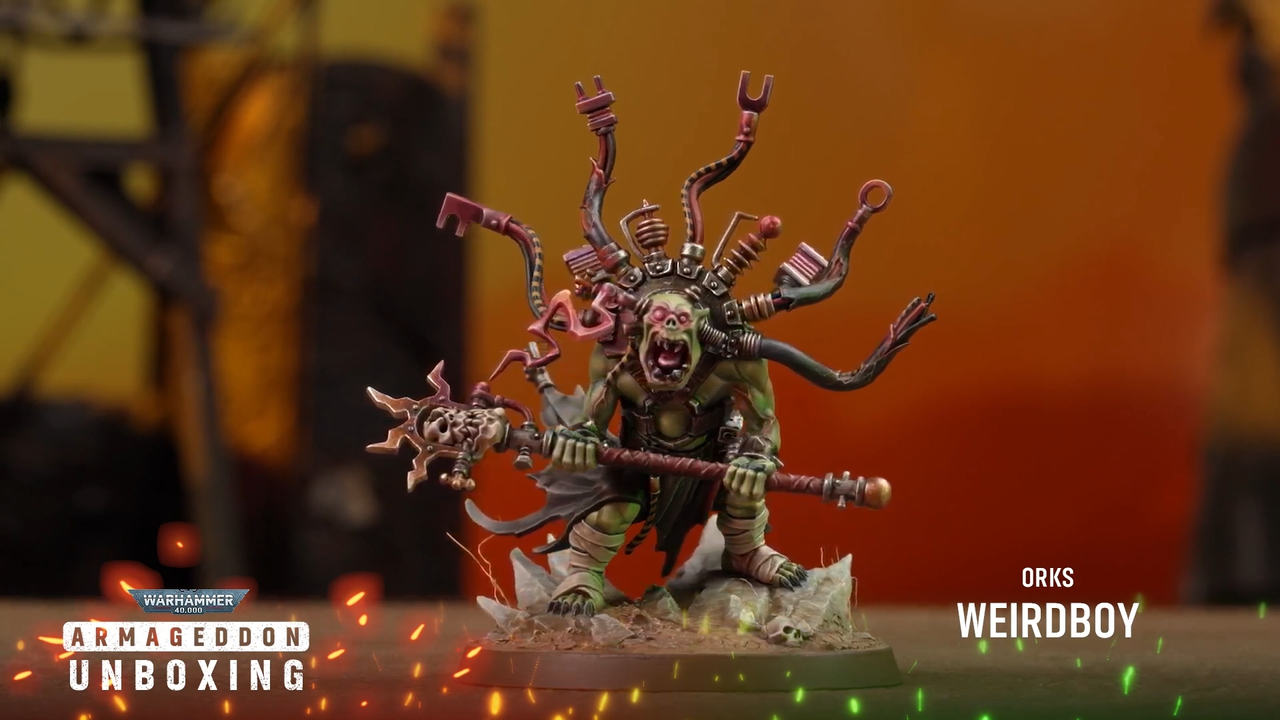 Warhammer 40K Ork Weirdboy on an orange background