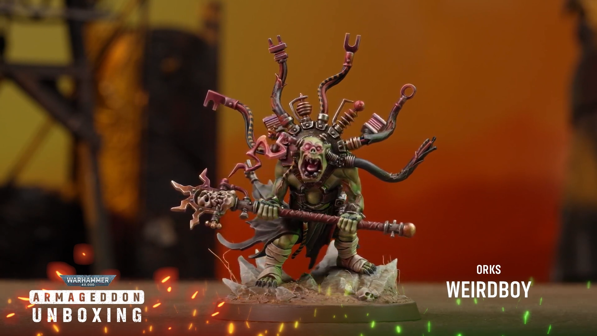 Warhammer 40K Ork Weirdboy on an orange background