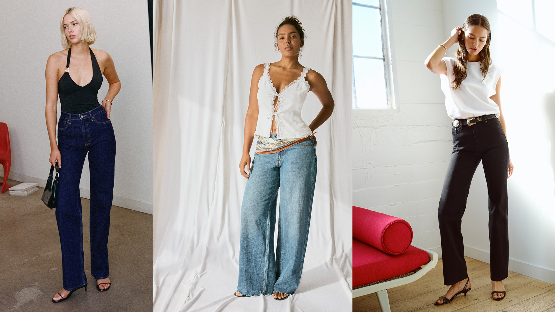 models wear a&amp;F jeans while posing.