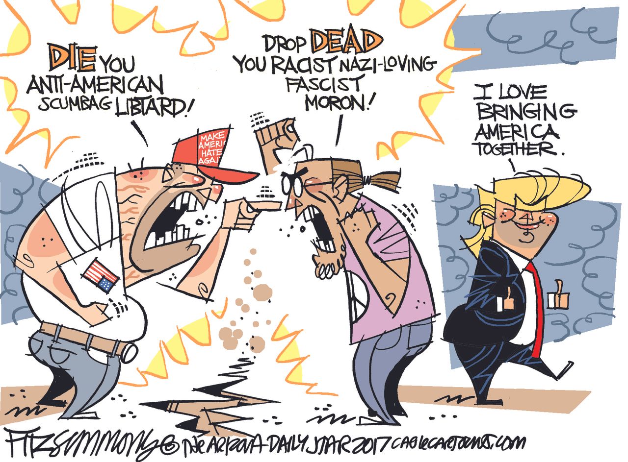 Political cartoon U.S. Trump supporters liberals America division hate