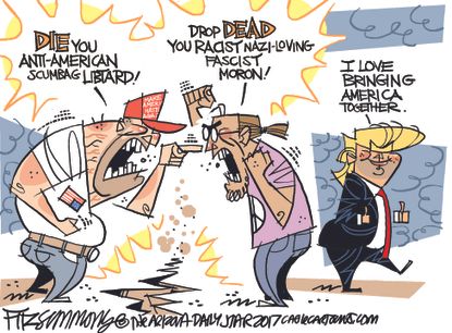 Political cartoon U.S. Trump supporters liberals America division hate
