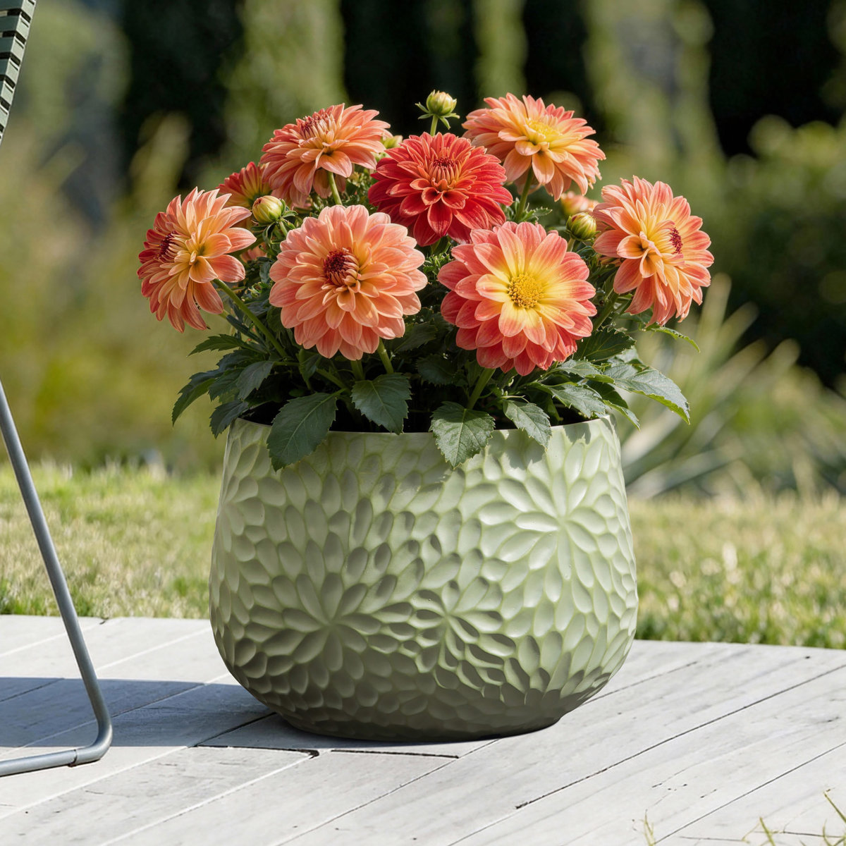 East Urban Home 16'' Dia Green Large Round Planter With Floral Texture, Decorative Garden Plant Pot | Wayfair