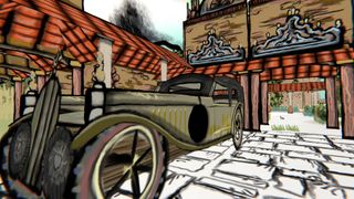 A hand-drawn environment by artist Alle Jong. An old 1920s-style limousine sits in a courtyard.