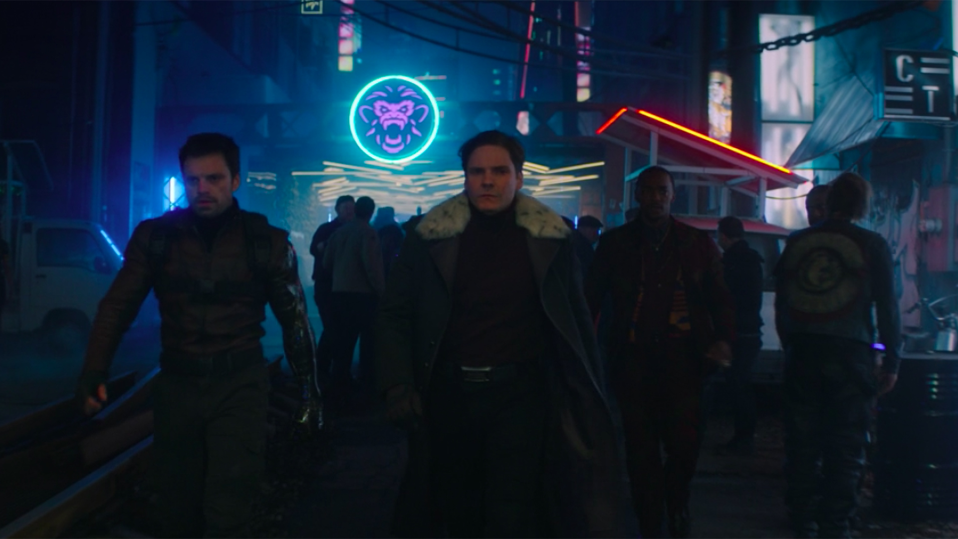 still from The Falcon and the Winter Soldier showing Sam Wilson, Bucky Barnes, and Baron Zemo in Madripoor